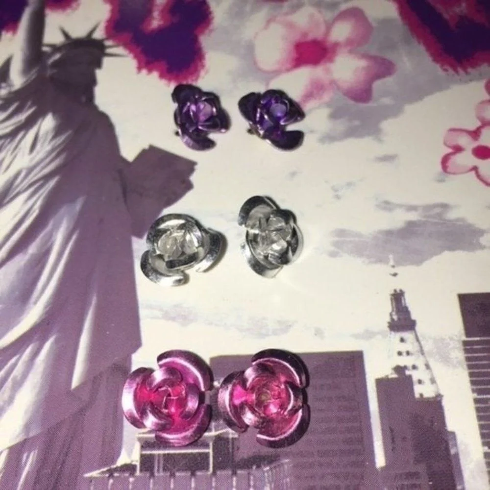 Justice 5 Pair Stud Earrings Girls Purple Pink Silver Glitter Floral‎ Trendy